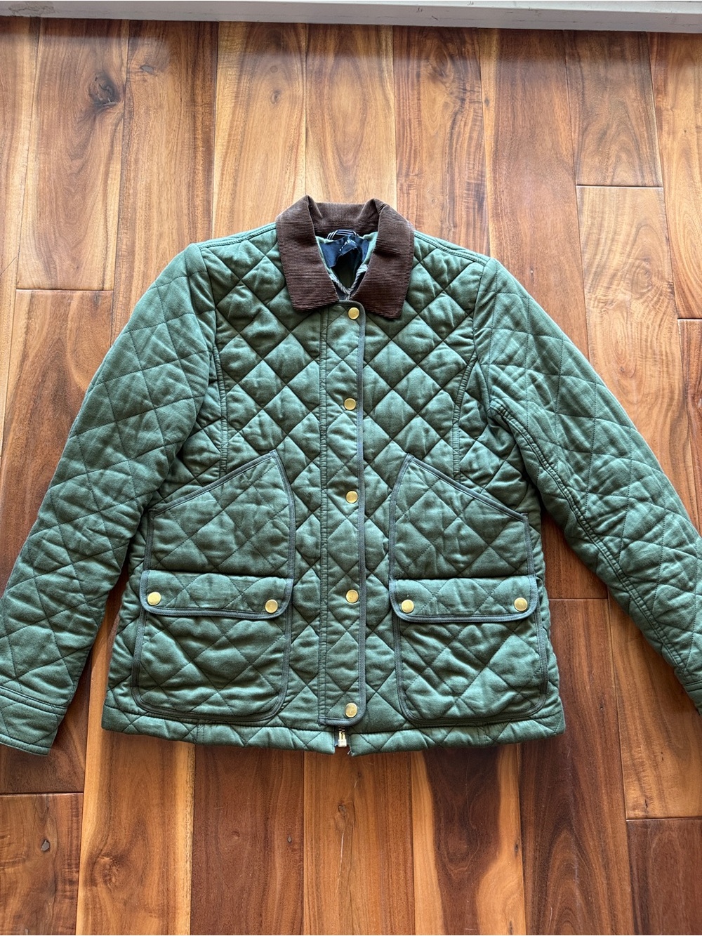 J. Crew Quilted Green Jacket with Brown Corduroy Collar